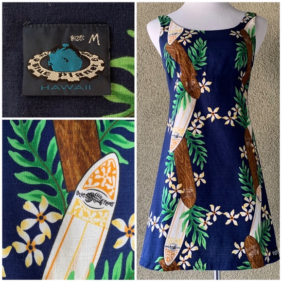 🌺 “Blue Planet” Navy Hawaiian Barkcloth Mini-Dress Surfboards size XS - Picture 1 of 11